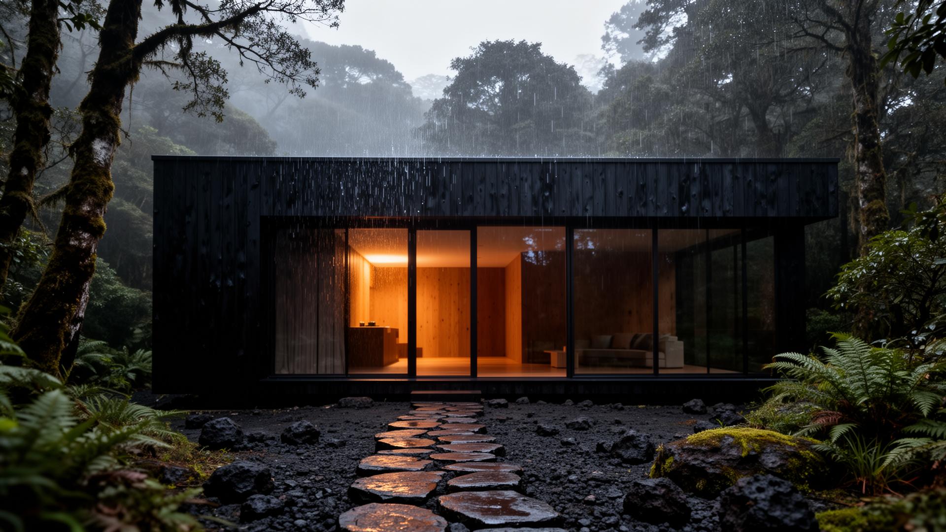 Cabaña minimalista de madera quemada en bosque valdiviano bajo lluvia