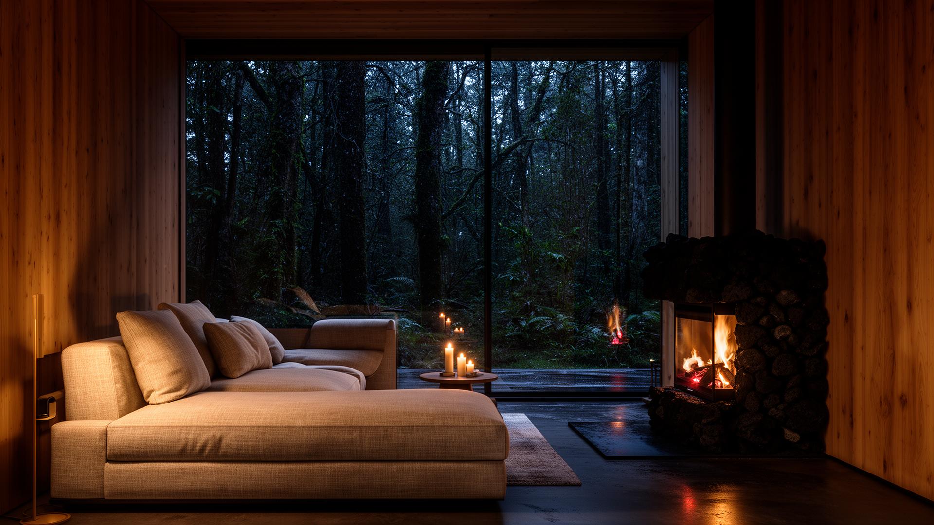 Interior japandi con fuego encendido y vista al bosque valdiviano