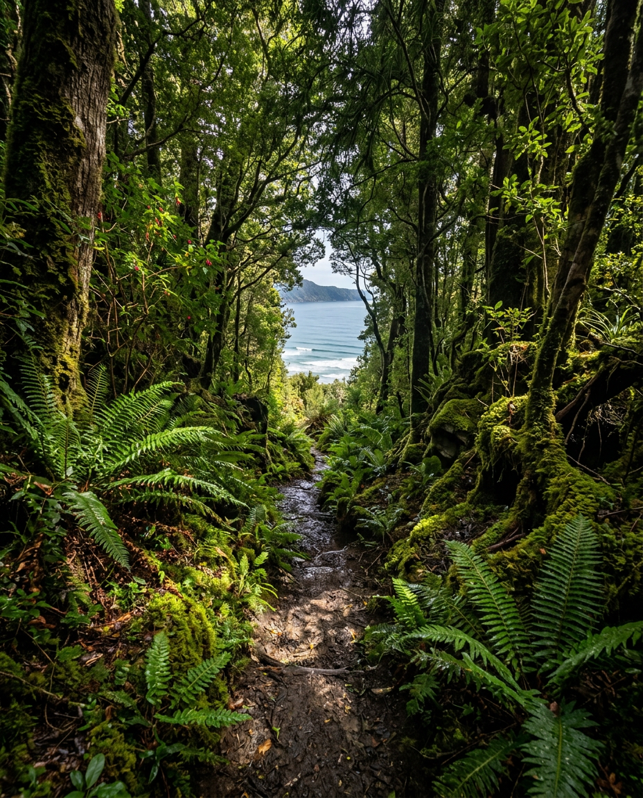 Sendero entre bosque valdiviano cubierto de musgo