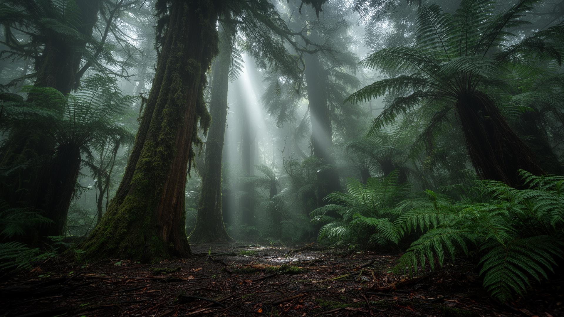 Sotobosque valdiviano con helechos gigantes y rayos de luz filtrándose por el dosel