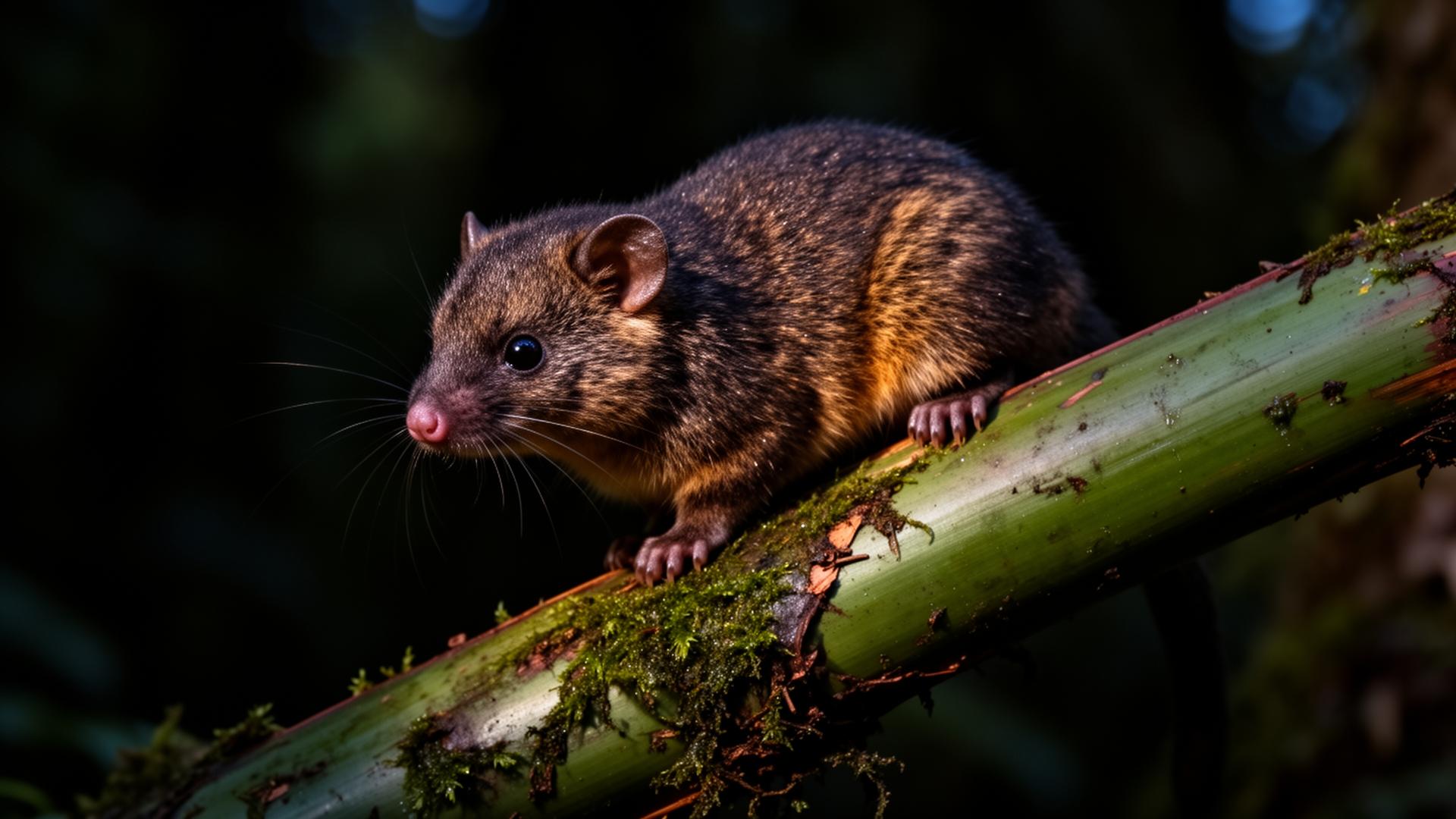 Monito del monte sobre rama musgosa en la selva valdiviana